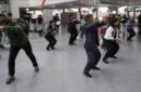 Un momento del "flashmob" que la Asociación Parkinson Madrid ha llevado a cabo hoy en la estación de Atocha de la capital con motivo del Día Mundial de esta enfermedad. EFE