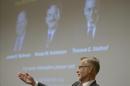 El presidente del Comité Nobel del Karolinska, Goran Hansson, anuncia a los científicos estadounidenses (de izda a dcha) Randy W. Schekman y James E. Rothman así como al alemán Thomas C. Südhof como ganadres del Nobel de Medicina 2013 en el Instituto Karolinska de Estocolmo (Suecia). EFEFotografía facilitada hoy, lunes 7 de octubre de 2013 por la Universidad de Stanford que muestra al científico alemán Thomas C. Sudhof galardonado con el premio Nobel de Medicina 2013 junto a los estadounidenses James E. Rothman y Randy W. Schekman. EFEFotografía facilitada hoy, lunes 7 de octubre de 2013 por la Universidad de Yale que muestra al científico estadounidense James E. Rothman, ganador del Nobel de Medicina 2013 junto al también estadounidense Randy W. Schekman y el alemán Thomas C. Südhof. EFE/Archivo